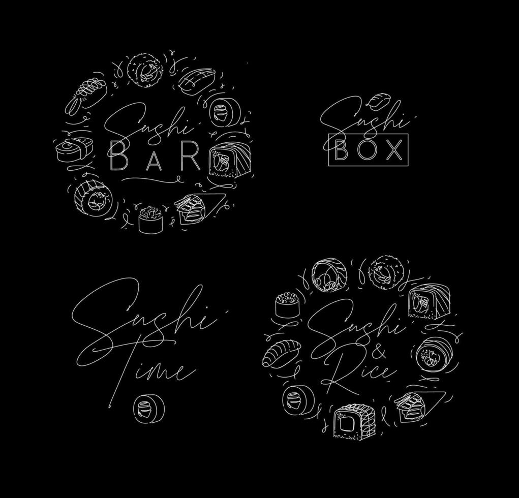 Sushi labels in line style drawing on black background vector