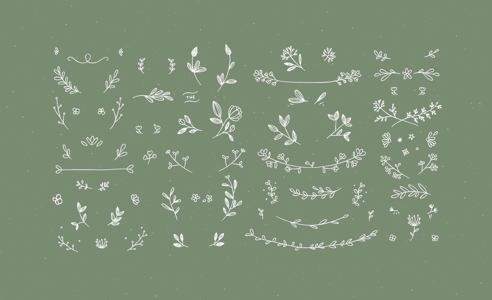 Elements flowers and branches to create label or sign in hand drawing style. Green color background. vector