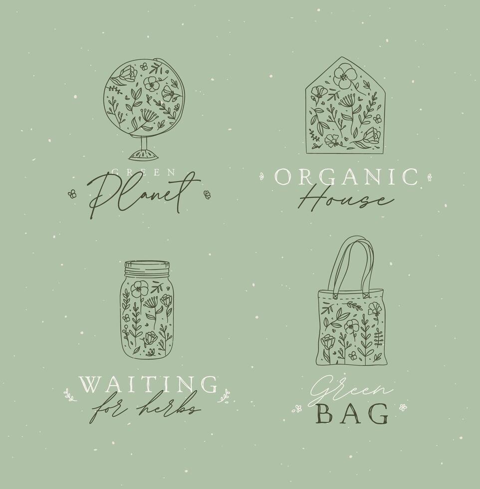 Labels globe, envelope, hand bag, jar of jam with flowers drawing on green background vector