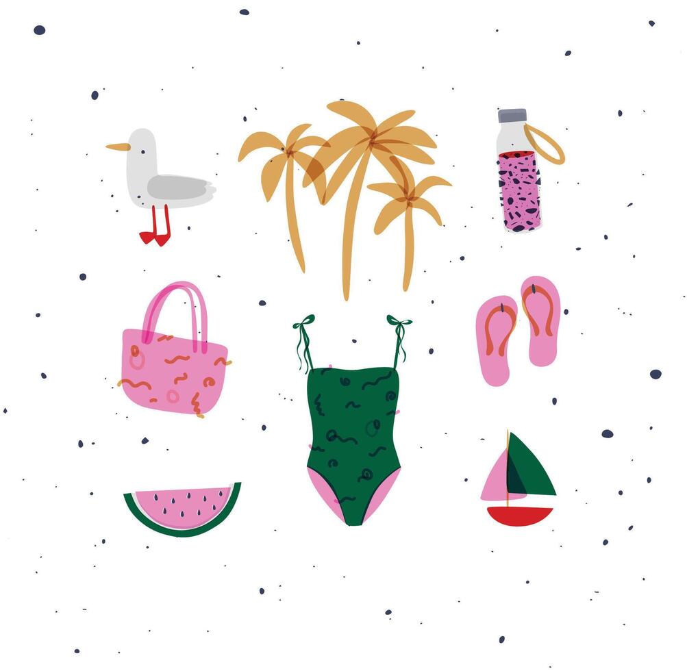 Summer elements seagull, palm tree, bottle of water, bag, swimsuit, slippers, watermelon, boat drawing in vivid color vector