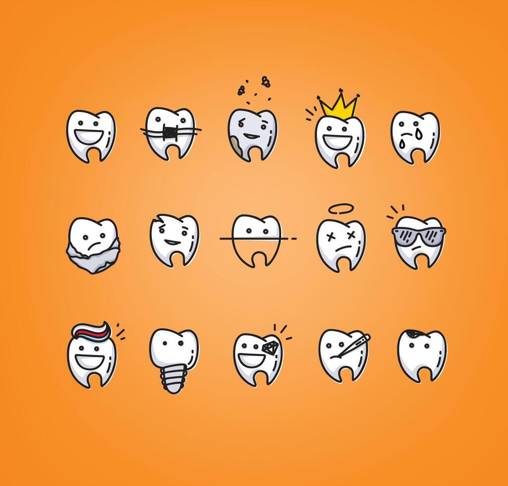 Set of teeth in different situations, drawing on orange background. vector