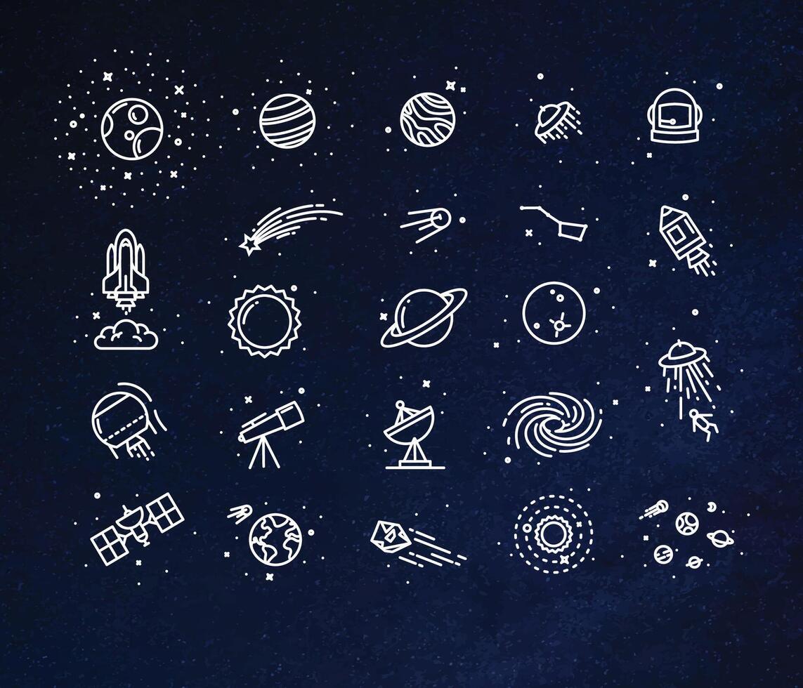 Space flat icons drawing with white lines on blue background. vector