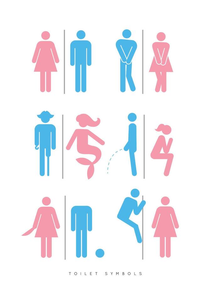 Set of toilet male and female symbols, in different funny, comic forms. Drawing in silhouettes, colorful. vector