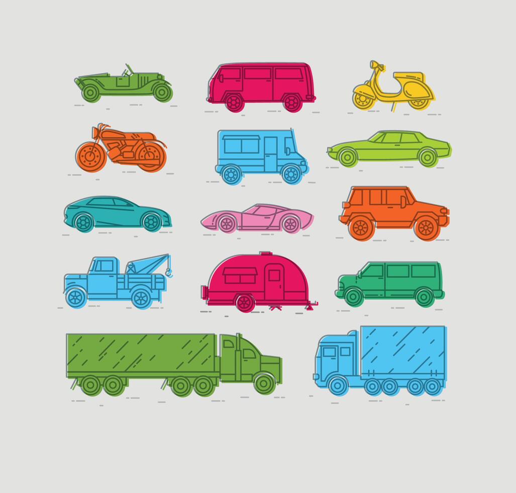 Set of transport icons in flat style car, moto, truck, scooter drawing with color on gray background vector