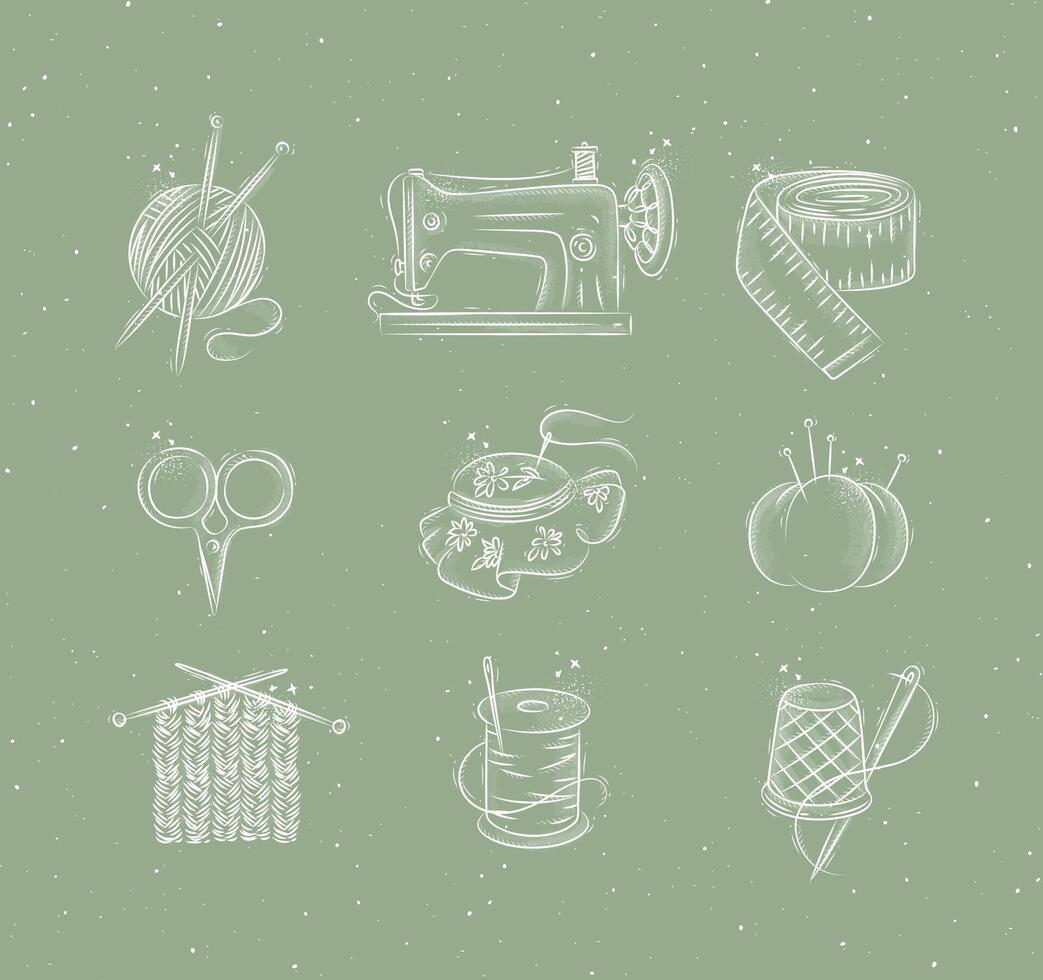 Sew icon set with illustrated sewing machine, skein of threads, scissors, knitting needles, needle, thread, embroidery hoop in hand drawing style on green color background vector