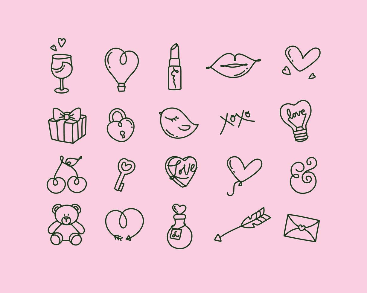 Valentines day hand drawn flat icons drawing on pink background. vector