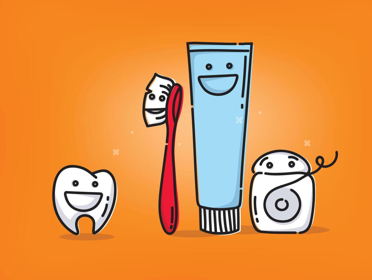 Small amusing tooth, toothbrush, dental floss, toothpaste characters scene drawing on orange background. vector