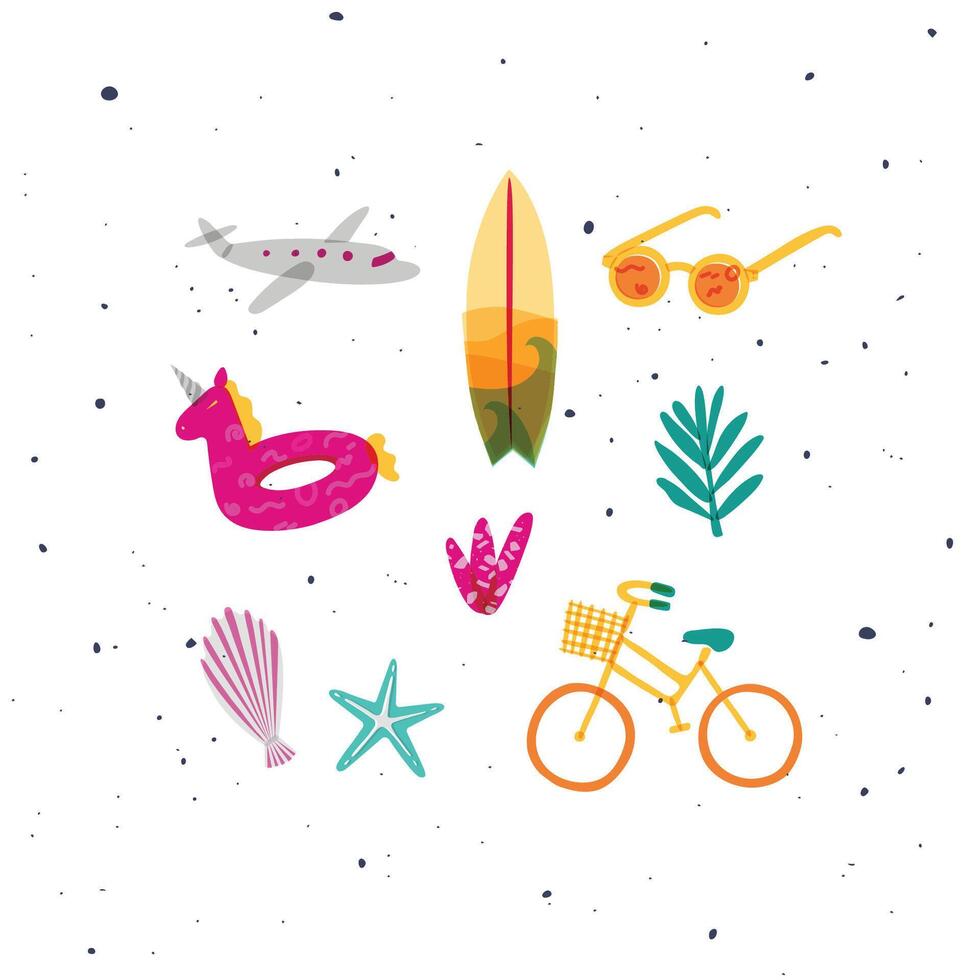 Summer elements airplane, surfboard, sunglasses, swim ring, tree, starfish, shell, plants, bike drawing in color vector