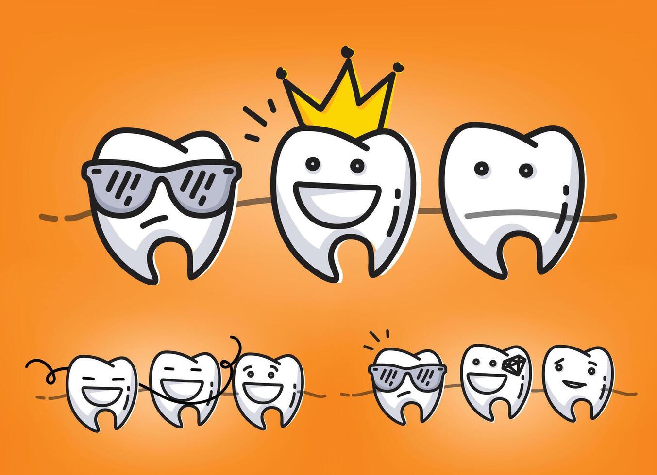 Set of small funny teeth characters scenes, drawing on orange background. vector