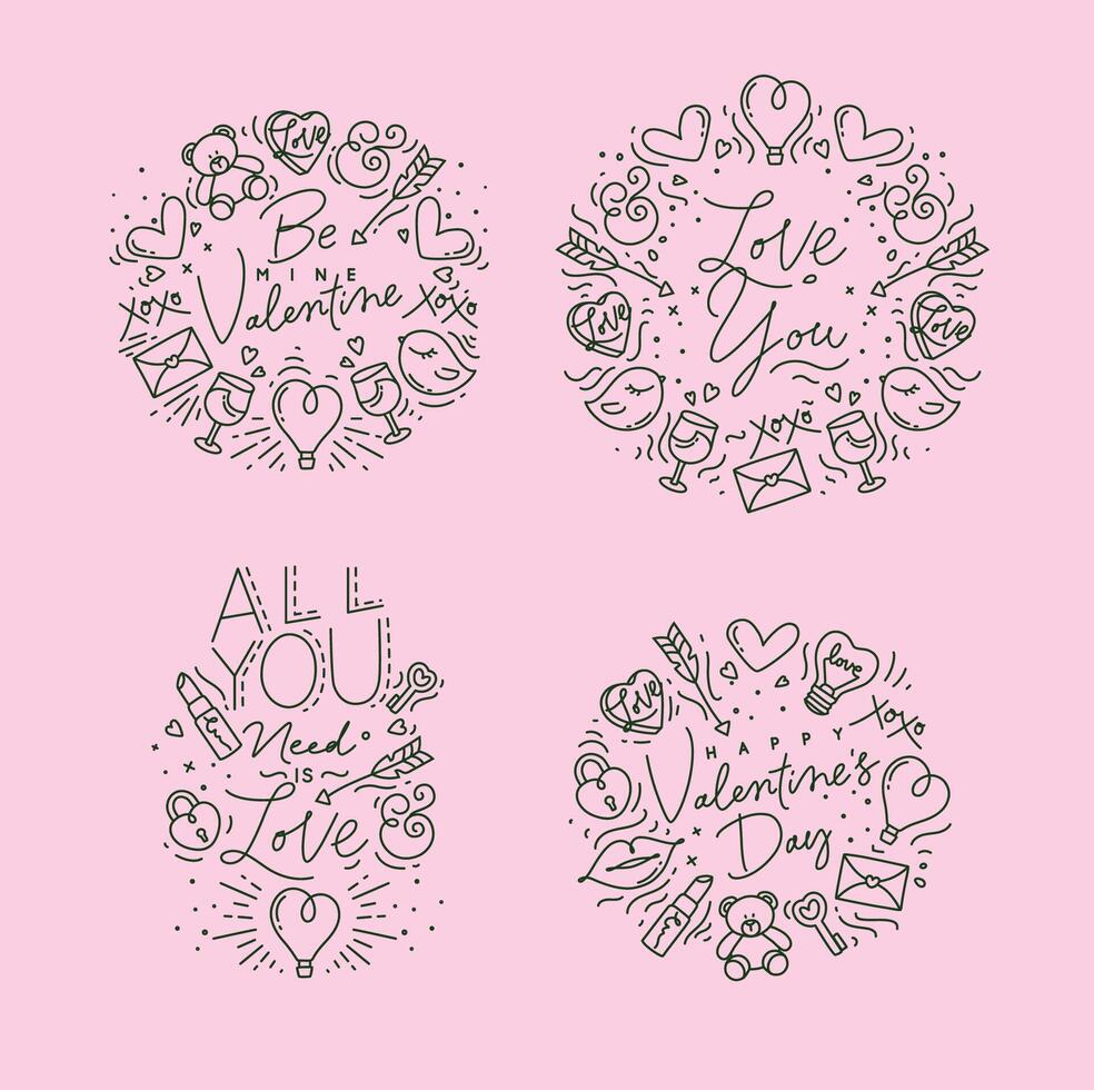 Set of valentines day flat monogram with greeting lettering drawing on pink background. vector