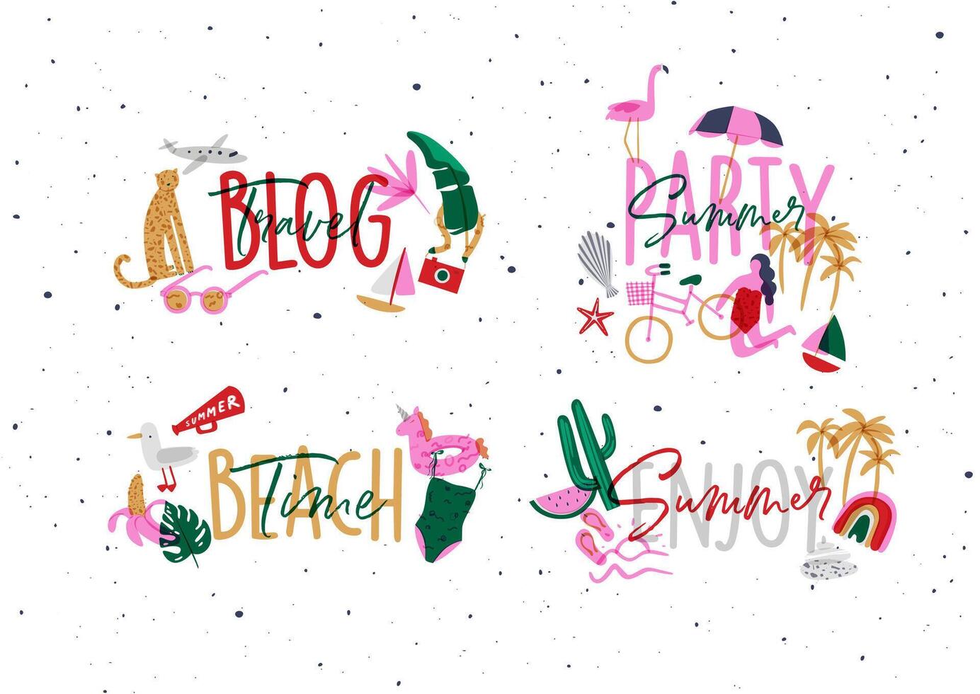 Summer lettering with inscriptions travel blog, party, beach time, enjoy drawing in vivid color style vector