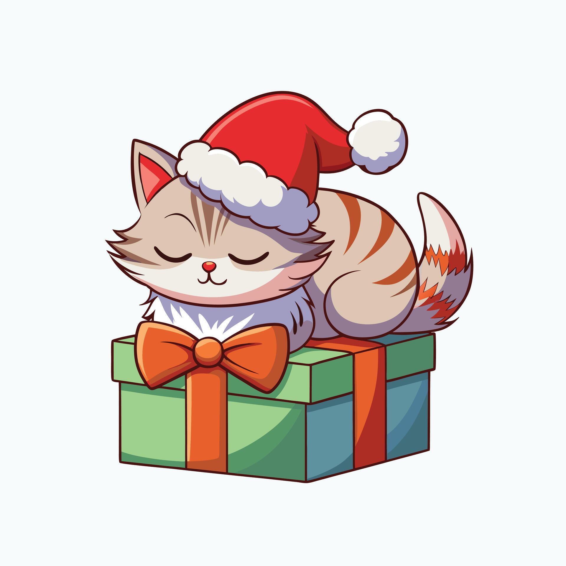 Adorable Christmas cat with gift box in style ideal for clipart