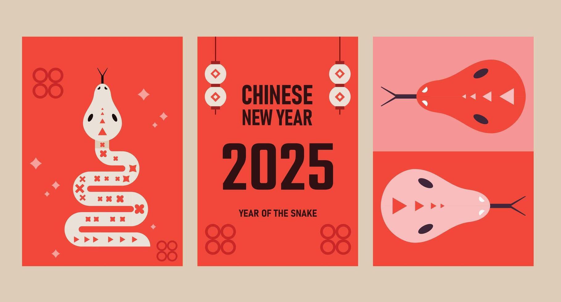Lunar new year 2025, Chinese new year 2025 year of the Snake. Red Snake illustration and design. Red traditional Chinese designs with snakes, geometric modern design vector