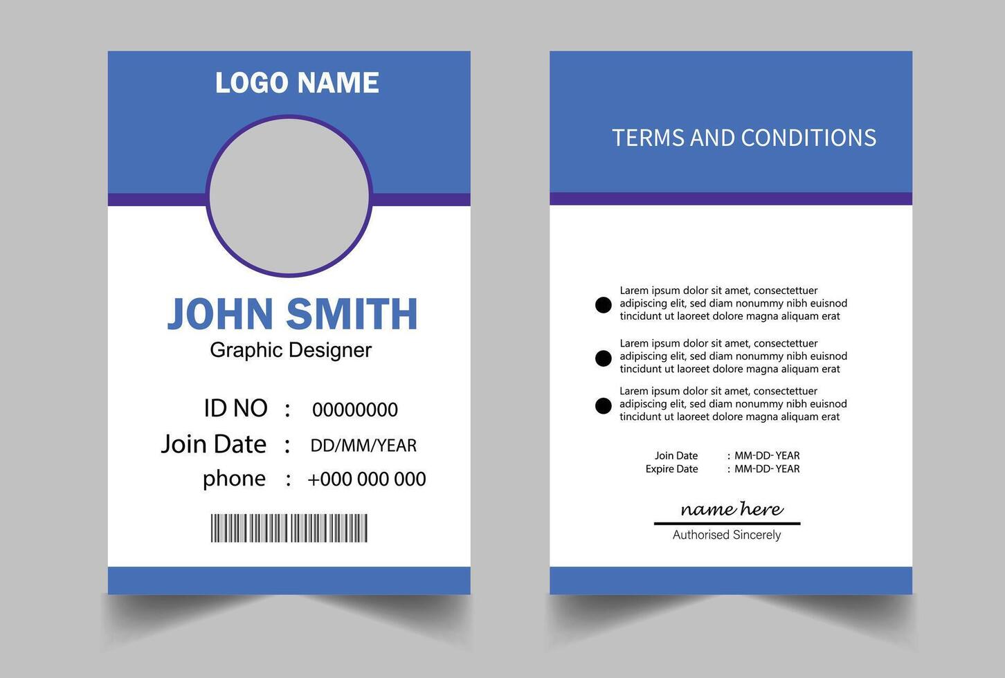 Business identity card template design with dark and blue colors. Corporate identity card for offices or schools. Employee and students ID card design with geometric shapes. vector