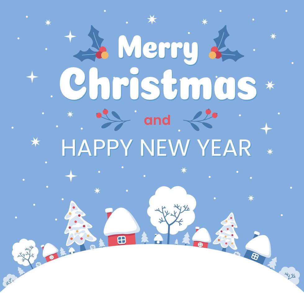 Christmas and New Year greeting card with houses and trees vector