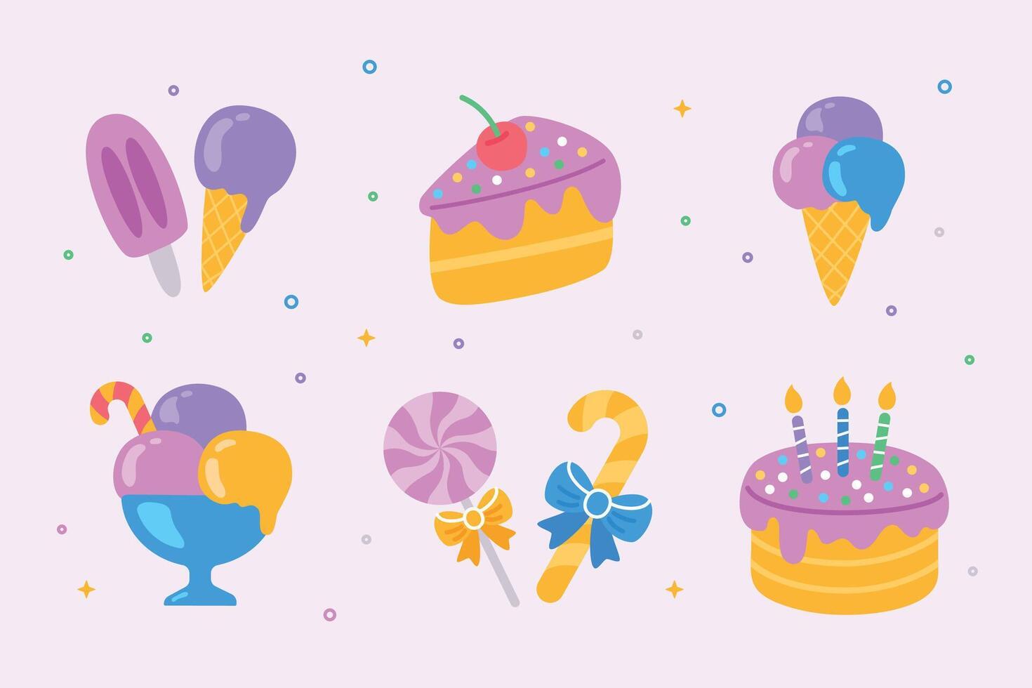 Sweet treats icon set, ice cream, cupcake, cake, and lollipop vector