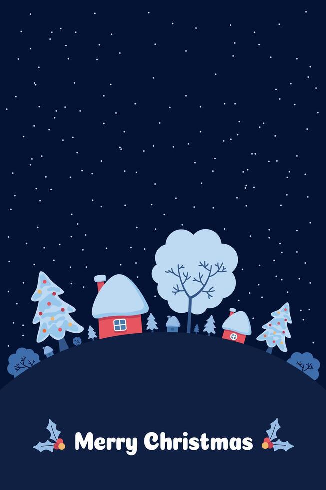 Happy Christmas postcard with a winter landscape houses and snow covered trees vector