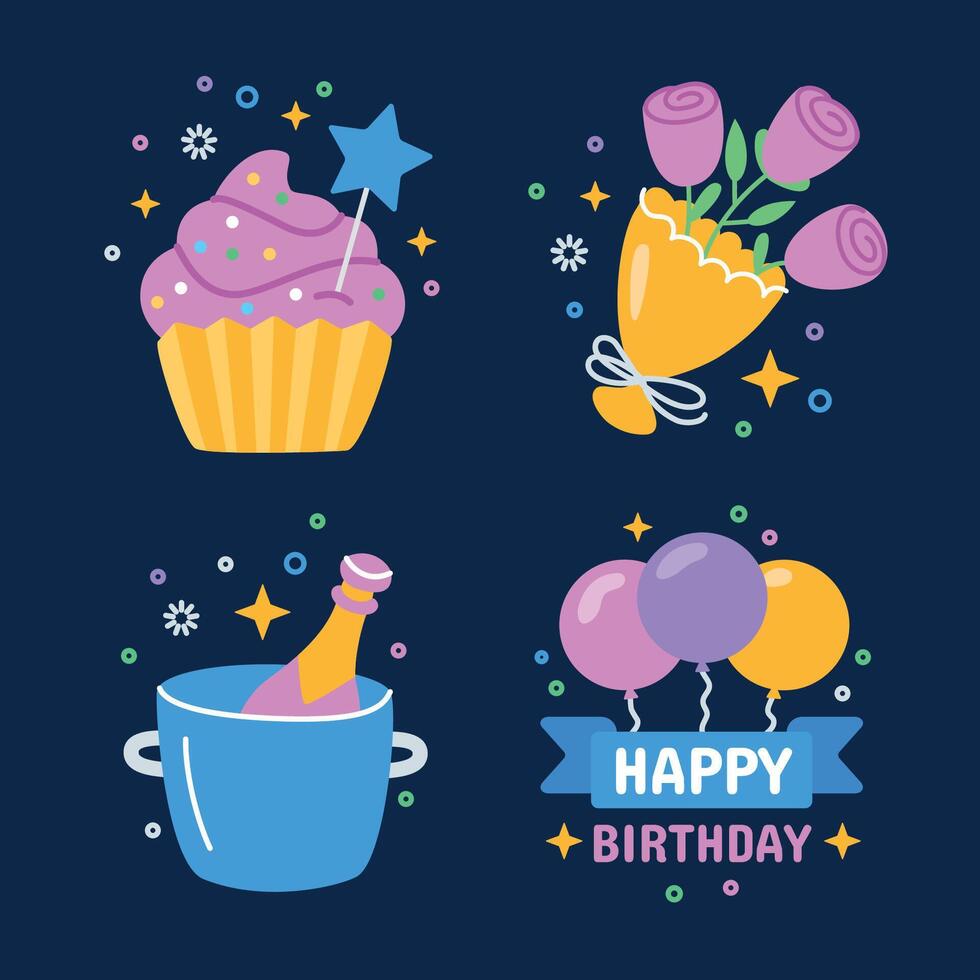 Party icon set, cupcake, champagne, bouquet of flowers, and balloons vector