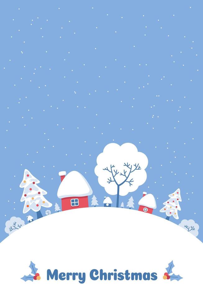 Happy Christmas postcard with a winter landscape houses and snow covered trees on blue background vector