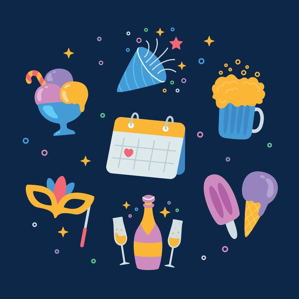 Party icon set with a calendar, ice cream, beer, mask, champagne, and confetti vector