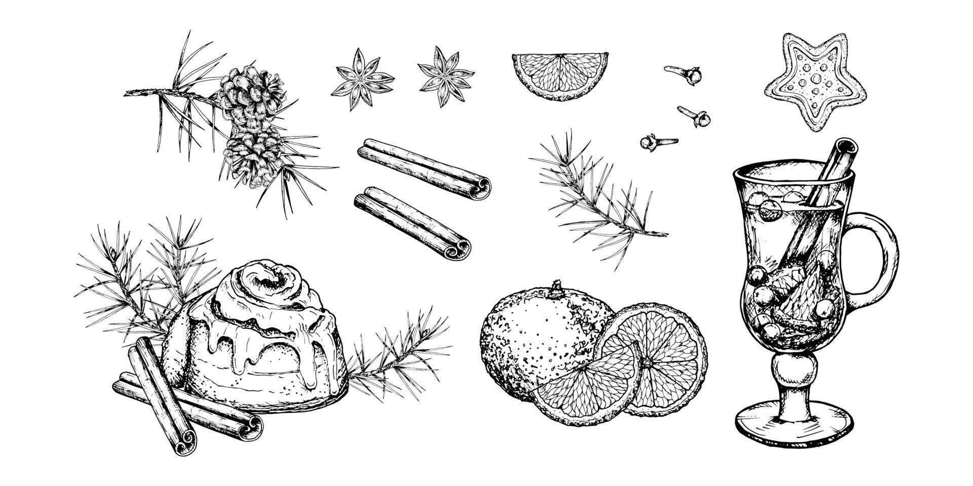 Hand drawn illustration of Christmas, winter holiday elements, featuring a glass of mulled wine, cinnamon roll, spices, pine branches, orange slices, star shaped gingerbread for festive design vector