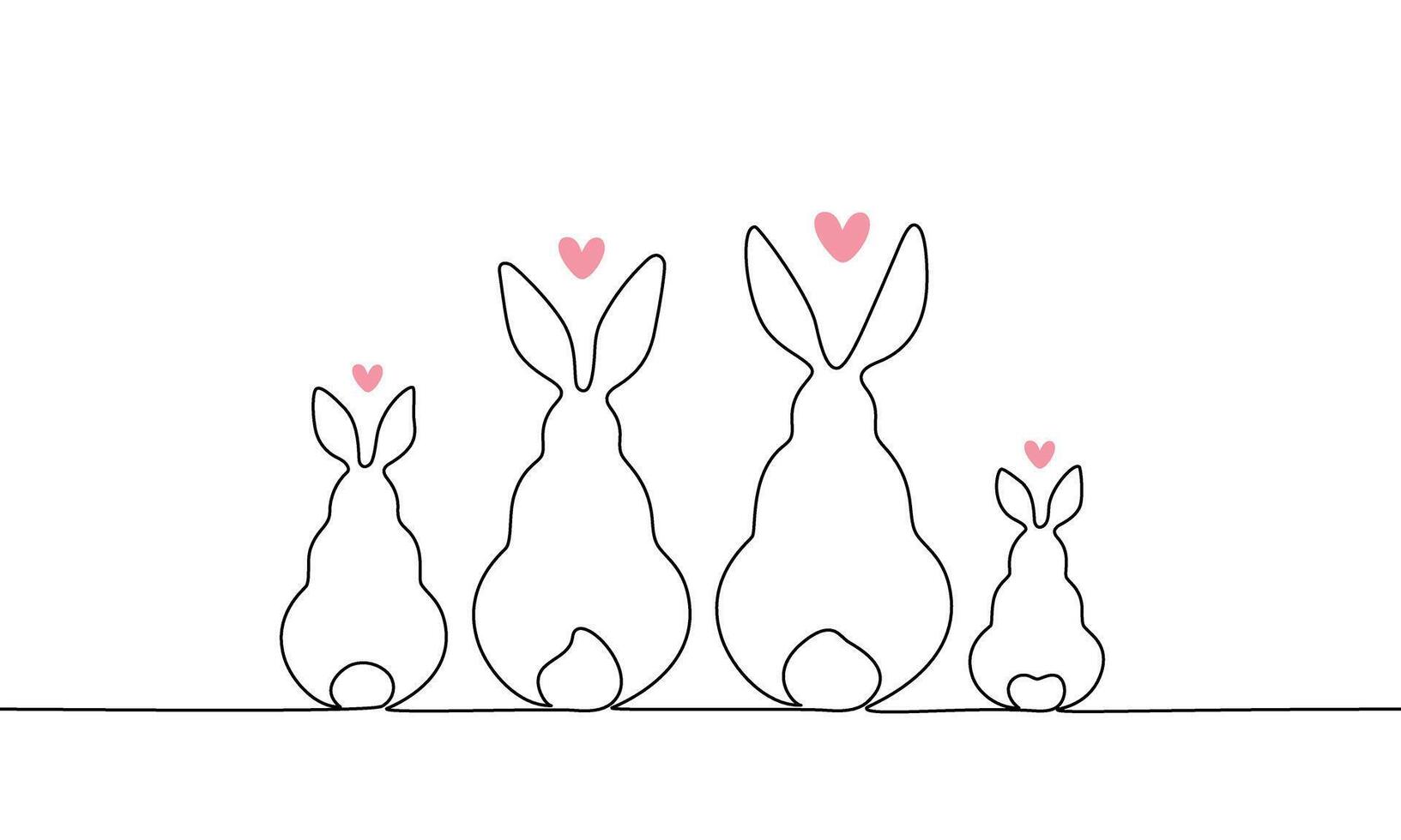 Continuous line banner family of rabbits. Cute silhouettes of bunnies with hearts. Concept of family relationships, love. Illustration, linear minimal style vector