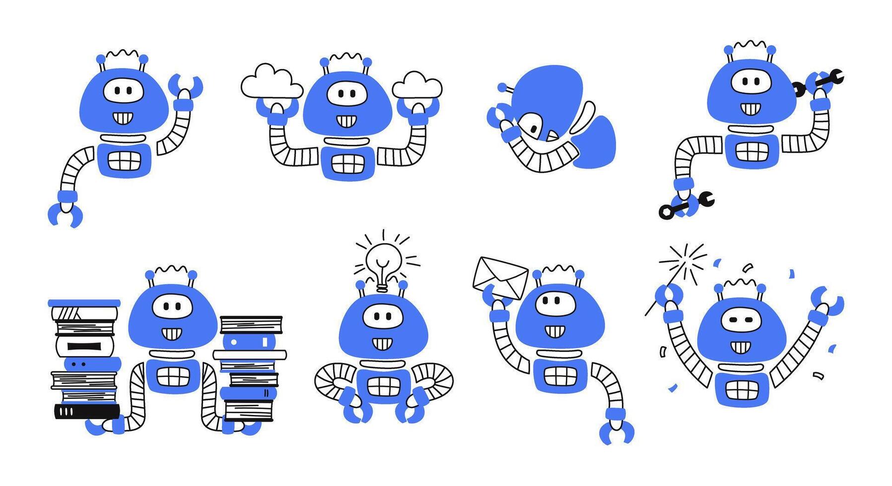 Set of Artificial intelligence robot. Robot assistant. Modern technologies, chip. Ai agent. Flat linear illustration isolated vector