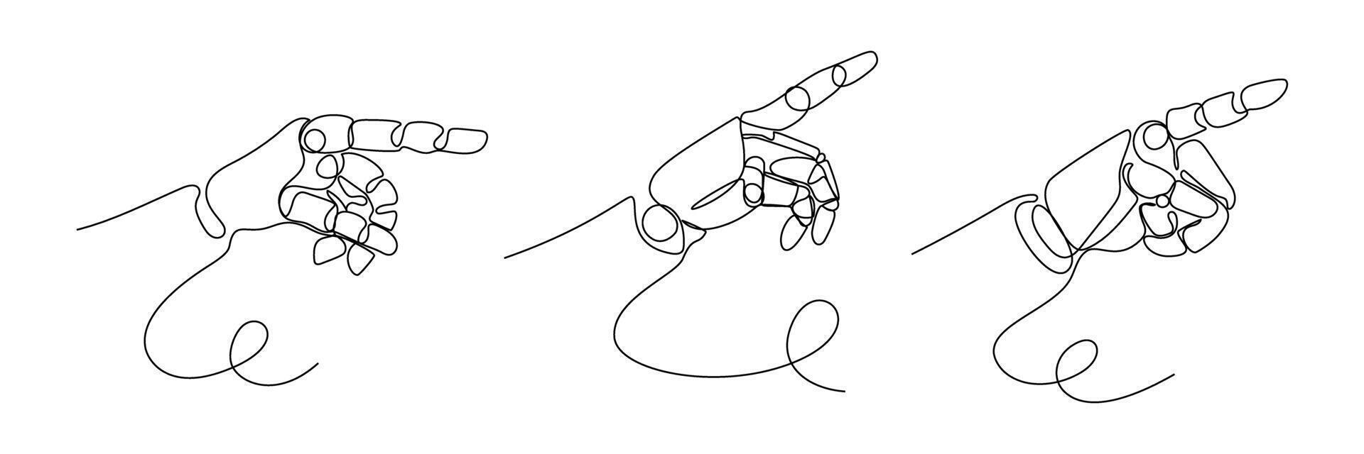 Artificial intelligence robot, continuous one line drawing. Robot hand pointing finger direction. Illustration, line art vector