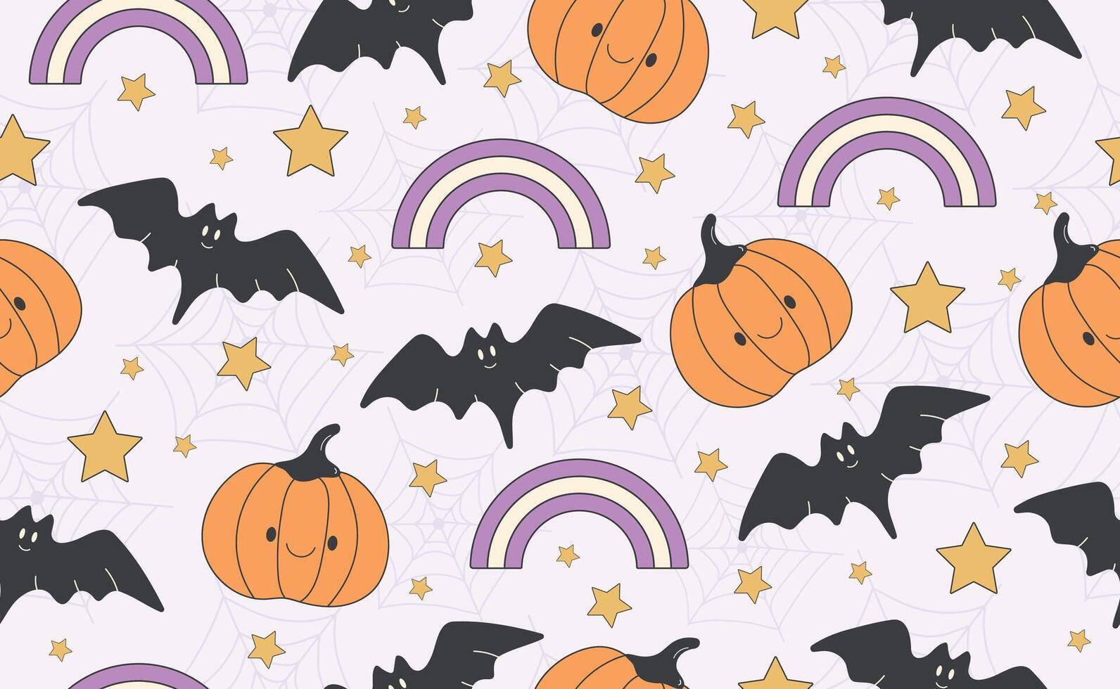 Funny Halloween seamless pattern in trendy groovy retro style. Y2k collection. Cute Pumpkin, Bat, Rainbow. Retro 70s, y2k style. Fun pumpkin character. illustration vector