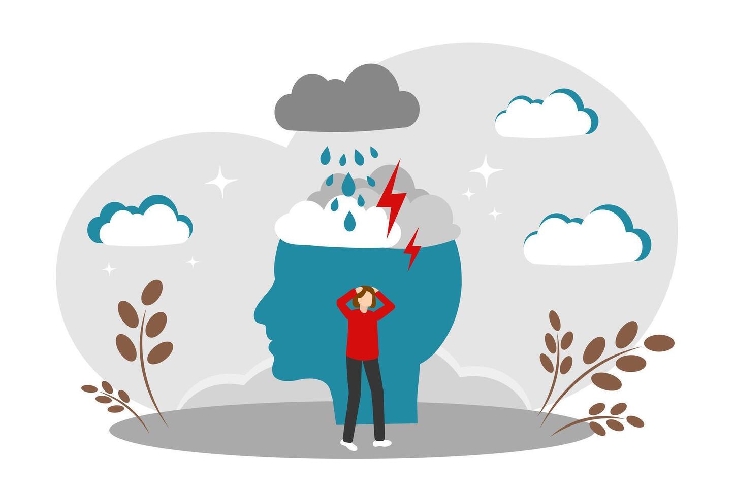 The concept of psychology and mental health. A head with clouds and lightning. Low mood and depression. vector