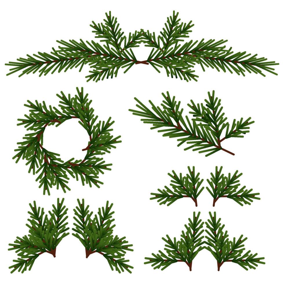 Set of different compositions of green Christmas tree branches without decorations vector