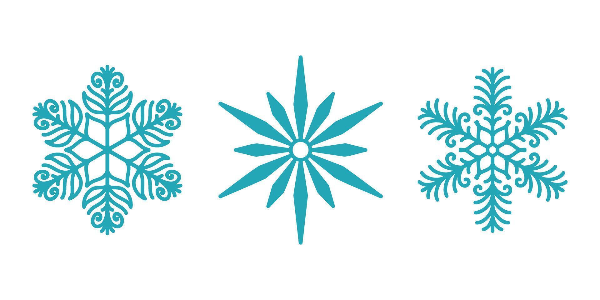 Detailed snowflakes set, beautiful hand drawn flat line illustration. Graphic outline drawing. Christmas and New Year symbol. Unique snowflake silhouette icons set for frosty designs. vector