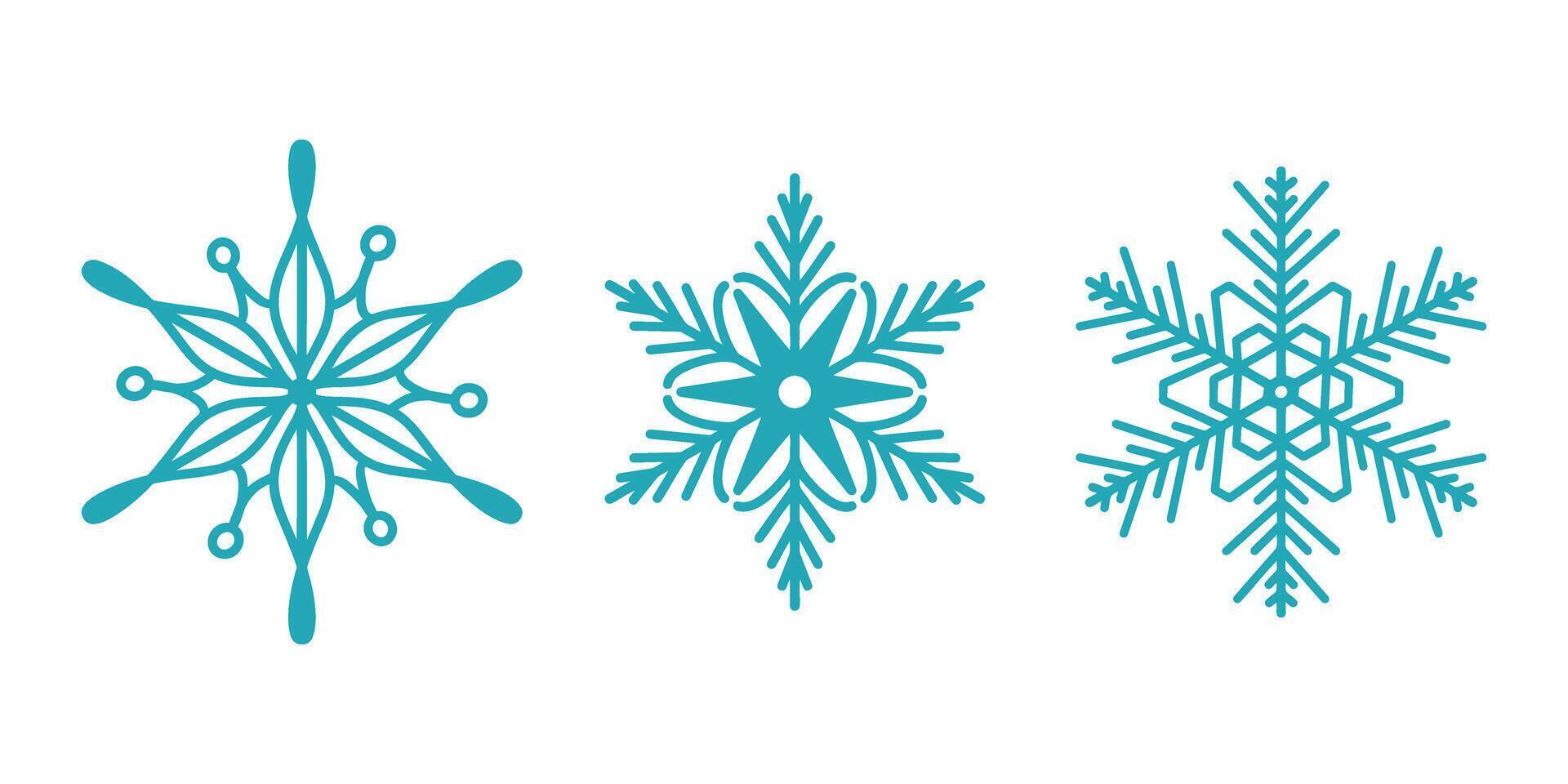 Unique snowflakes set, detailed hand drawn flat line illustration. Graphic outline drawing. Christmas and New Year symbol. Unique snowflake silhouette icon for frosty designs. vector