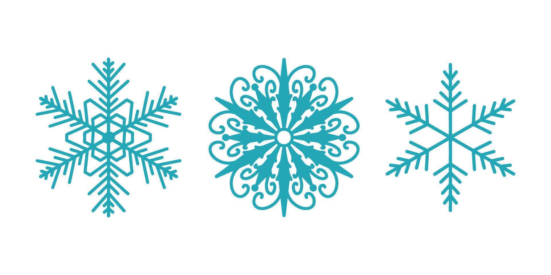 Unique snowflakes set, detailed hand drawn flat line illustration. Graphic outline drawing. Christmas and New Year symbol. Unique snowflake silhouette icon for winter designs. vector