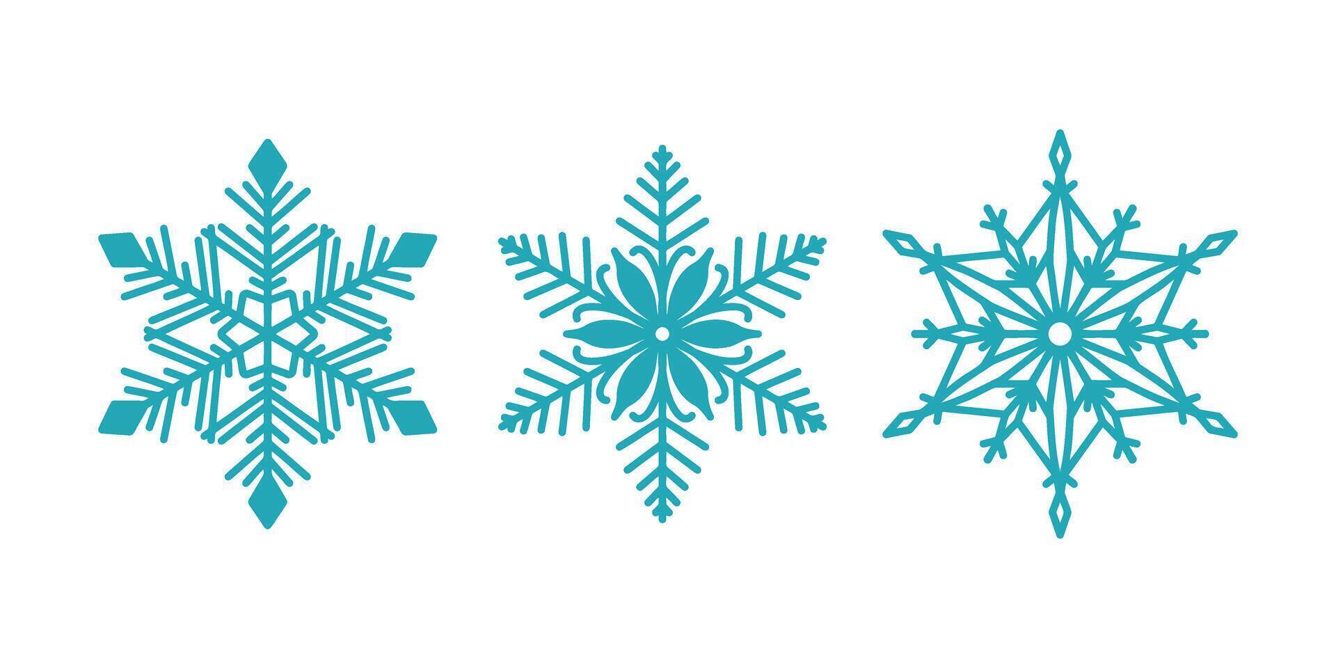 Unique snowflakes set, detailed hand drawn flat line illustration. Graphic outline drawing. Christmas and New Year symbol. Unique snowflake silhouette icon for frosty winter design vector