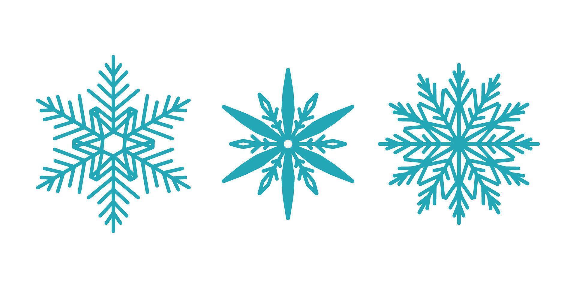 Unique snowflakes set, detailed hand drawn flat line illustration. Graphic outline drawing. Christmas and New Year symbol. Unique snowflake silhouette icon for frosty winter designs. vector