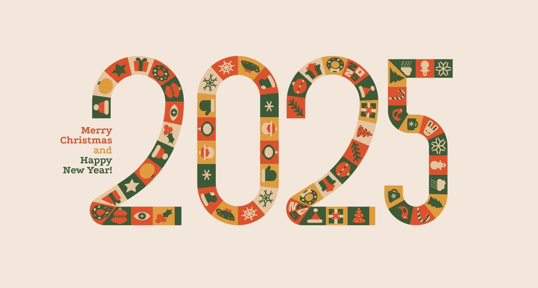 Merry Christmas and Happy New Year modern abstract minimalist geometric style with number 2025 made of festive ornate tiles. Christmas colorful illustration in flat cartoon style. Xmas card vector