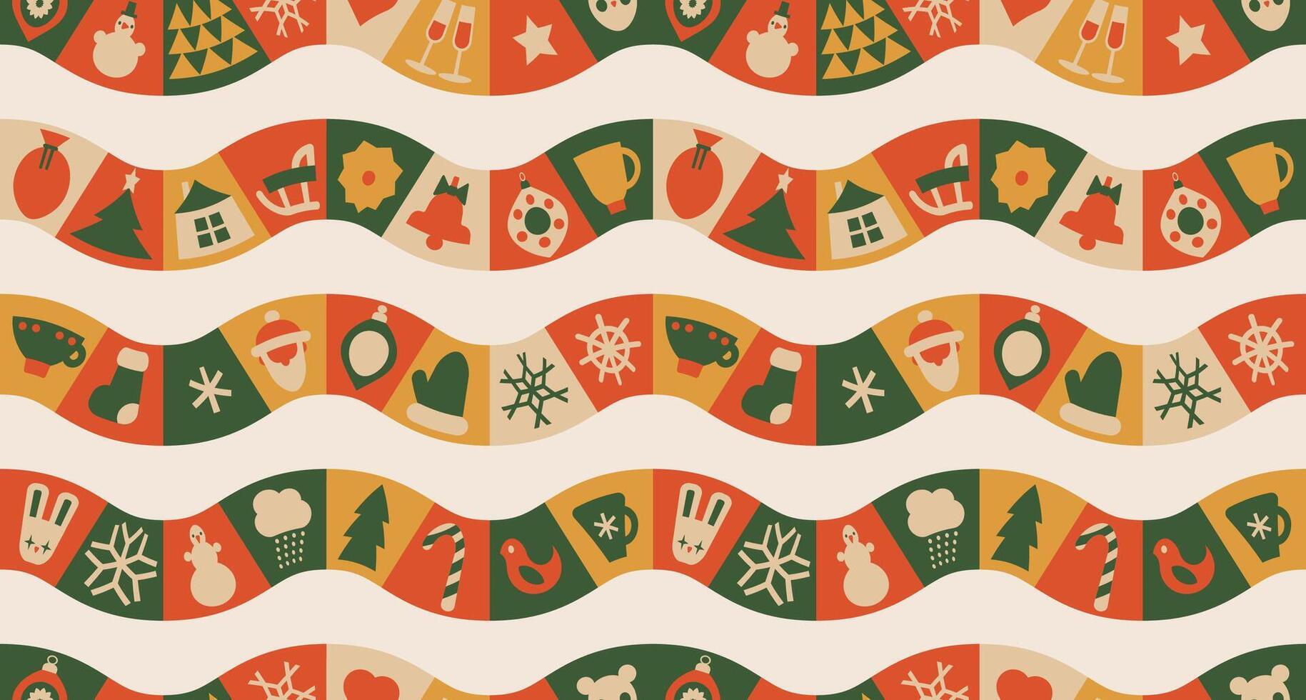Christmas Winter Holidays geometric seamless pattern. Patchwork wavy Background. Decorative Abstract Mosaic Pattern in Folk Style. flat illustration. vector