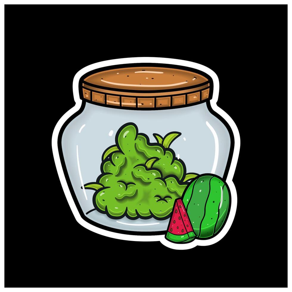 Watermelon Flavor and Herbal Leaf Inside Jar. For logo, label, packaging and product branding vector