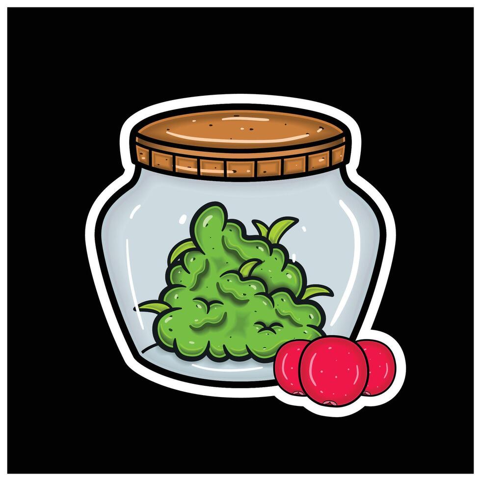 Cranberry Flavor and Herbal Leaf Inside Jar. For logo, label, packaging and product branding vector