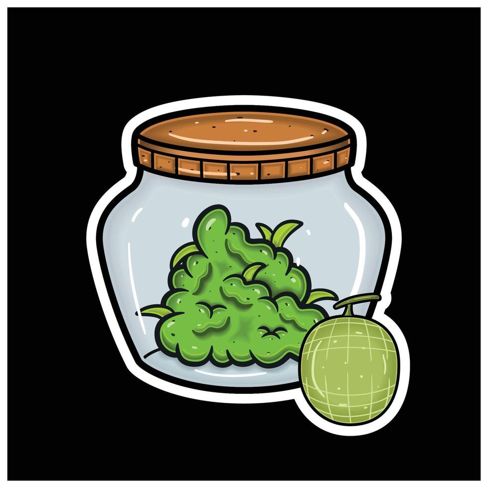 Melon Flavor and Herbal Leaf Inside Jar. For logo, label, packaging and product branding vector