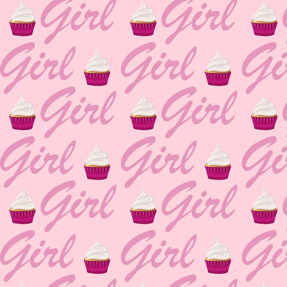Pattern cupcake with cream, sweetness dessert and text Girl. Muffin. Flat style. Birthday, holiday, congratulations, concept of invitation. vector