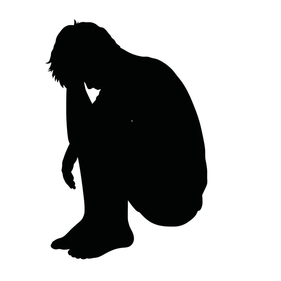 A silhouette of a man sitting down with his head in his hands vector