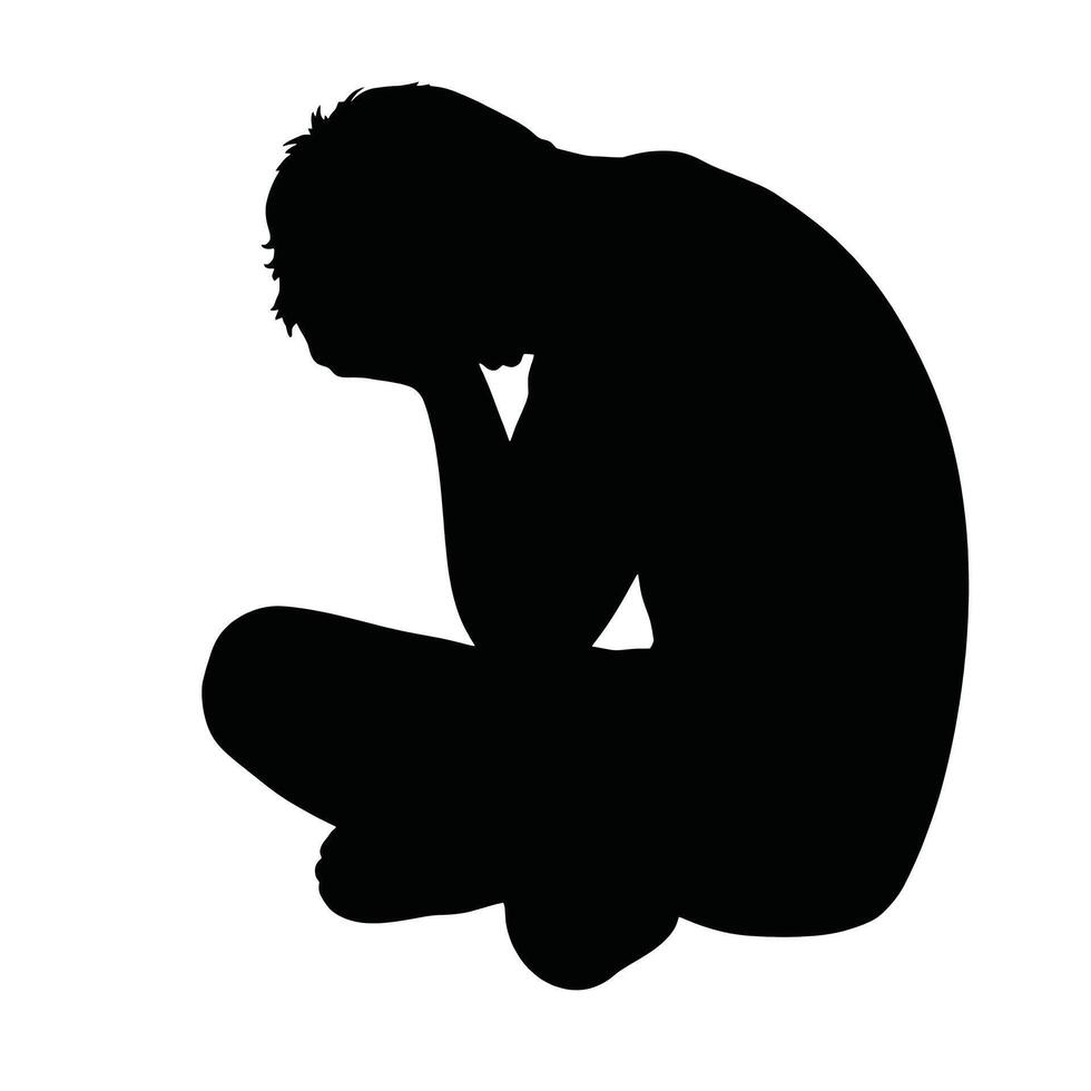 Silhouette of a man sitting down with his head in his hands vector