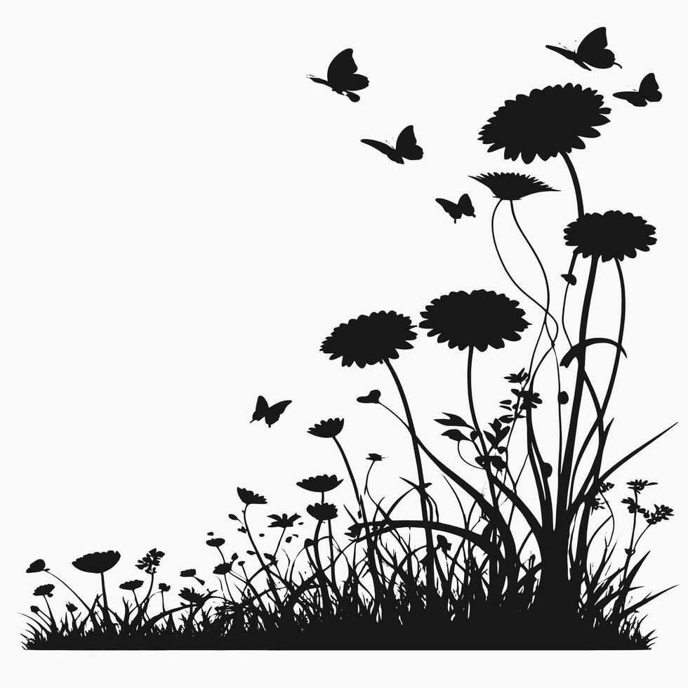 Black and white illustration of flowers and butterflies vector
