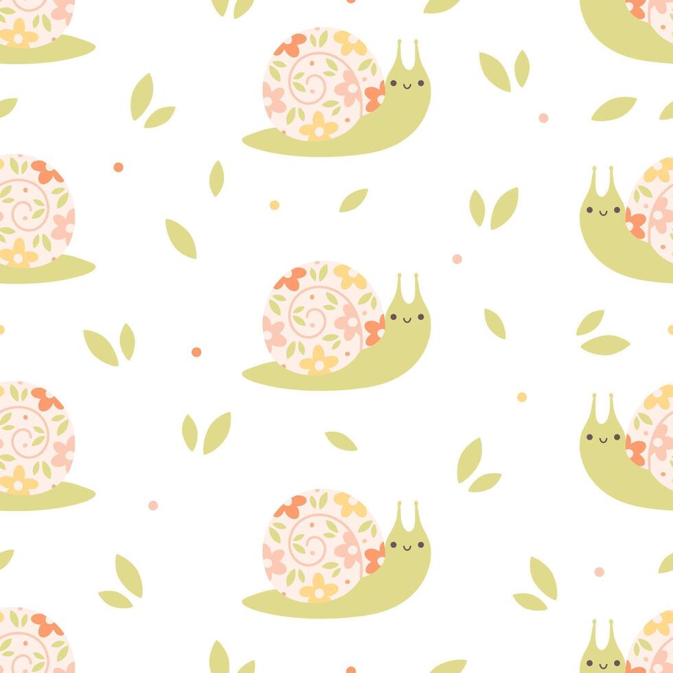 Seamless pattern with cute snails and flowers. Spring and summer seamless pattern vector