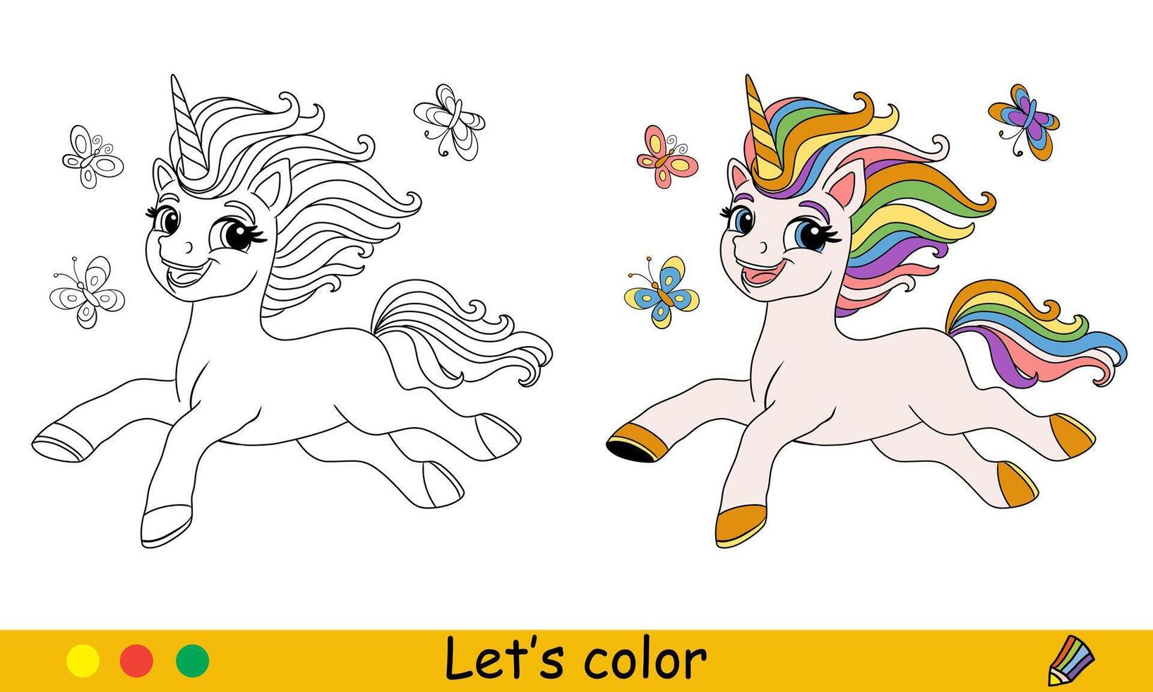 Kids coloring with cute cartoon unicorn and butterflies vector