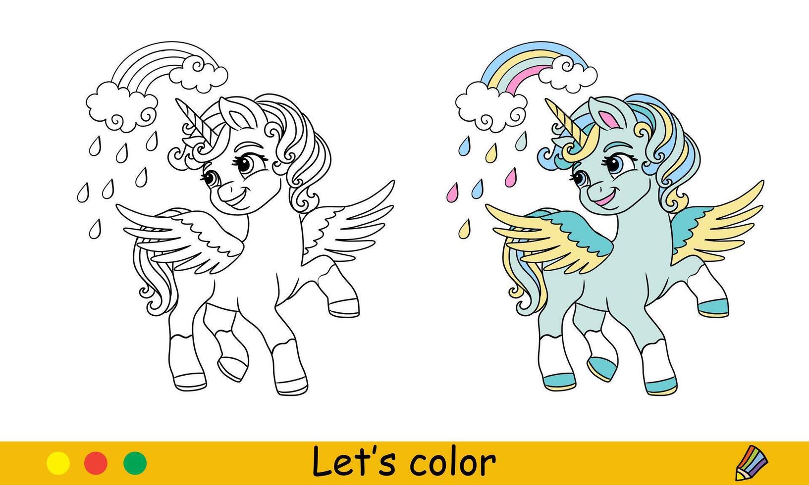 Kids coloring with cute dreaming unicorn with rainbow and rain vector