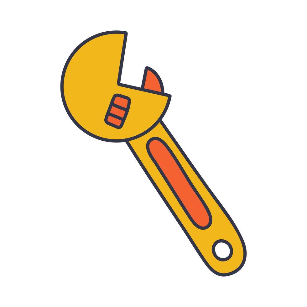Cartoon illustration of an adjustable wrench with a yellow jaw and red handle with orange stripes, representing a common tool for gripping and turning objects7 vector