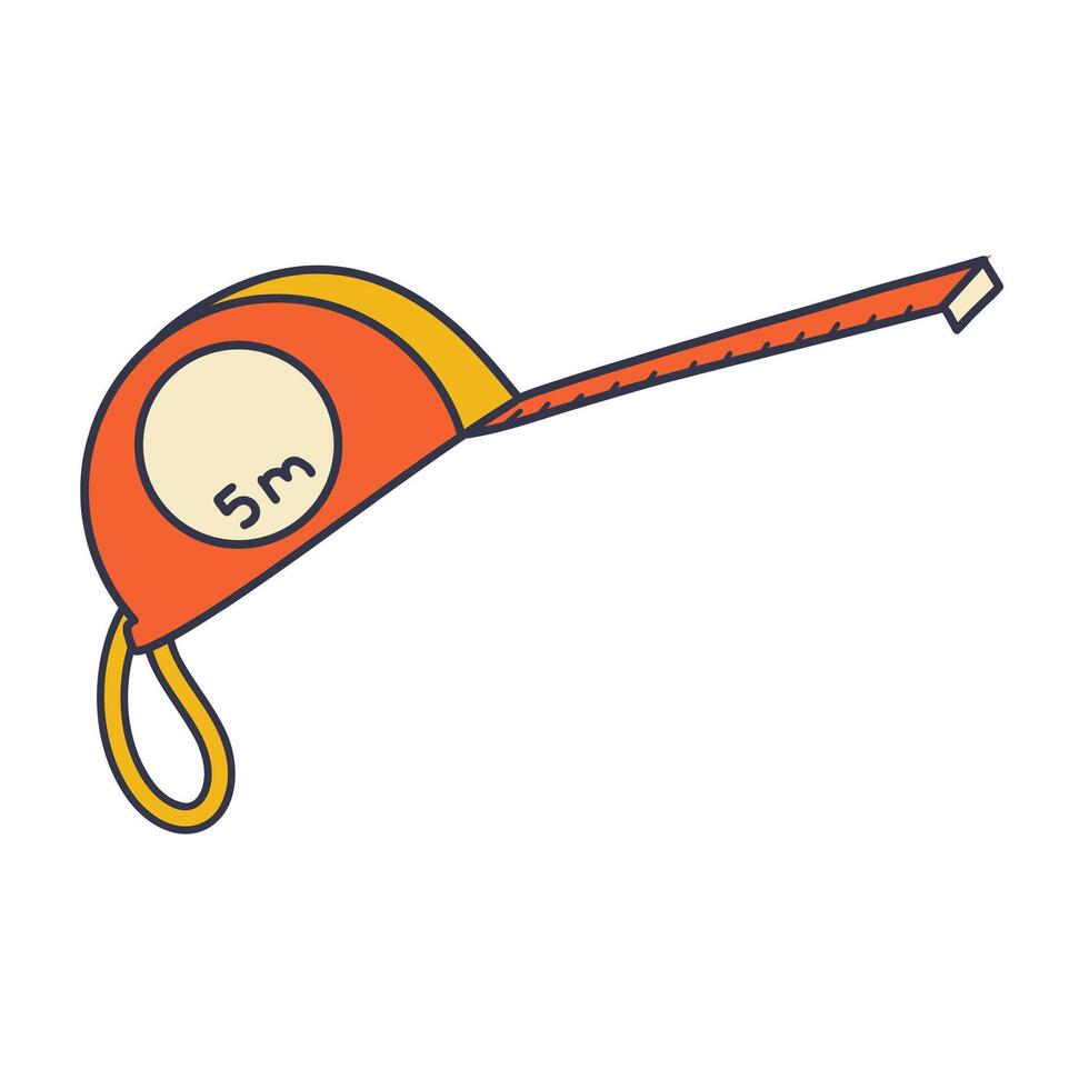 Cartoon illustration of a tape measure extended to 5 meters, commonly used for measuring length or distance vector